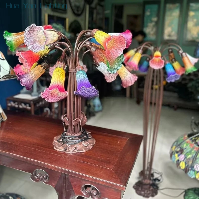 18 Amber Green Pond Lily Novelty Lampshade Desk Lamp Household Living Room Blown Glass Hotel Villa E14 Lamp Decoration