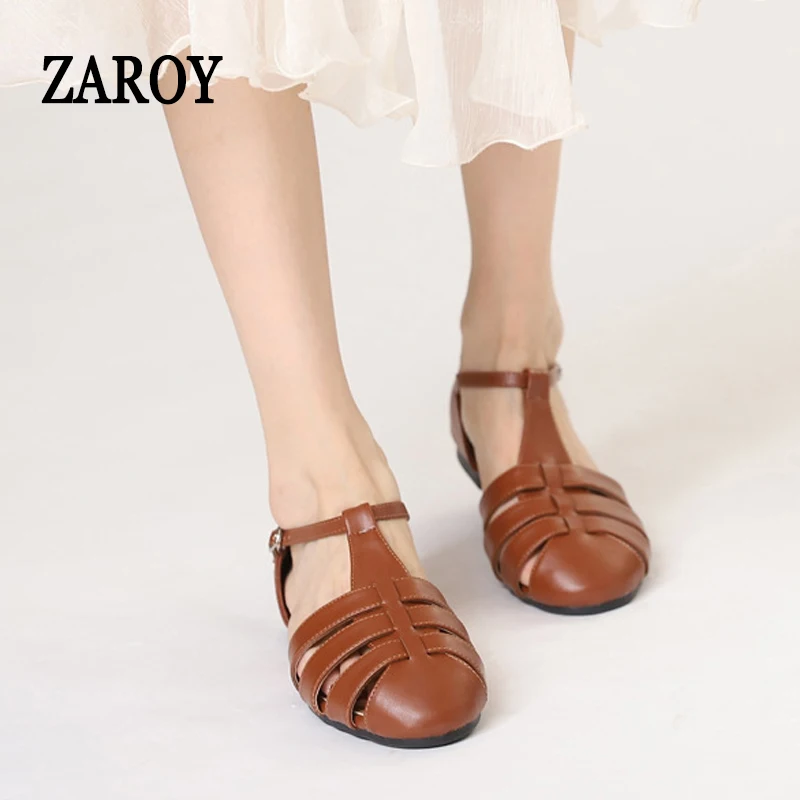 ZAROY Big Size 44 Flats Gladiator Sandals Women PU Leather Ankle Buckle Hollow Roman Sandals Casual Daily Flat Sandalias сан - Image 4