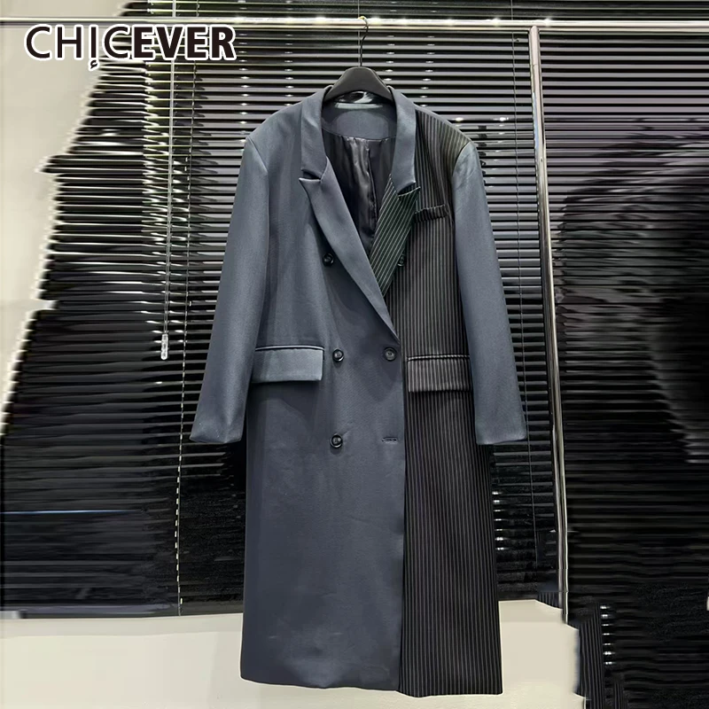 

CHICEVER Sriped Design Spliced Pockets Elegant Trench For Women Lapel Long Sleeve Patchwork Double Breasted Long Coat Female New