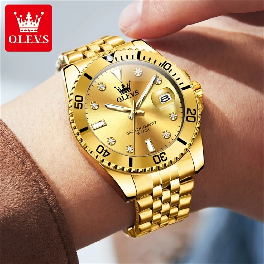 OLEVS Watch Men High quality Stainless steel Waterproof Luminous Auto Date Gold Watches Diving Series Wristwatch Reloj Hombre