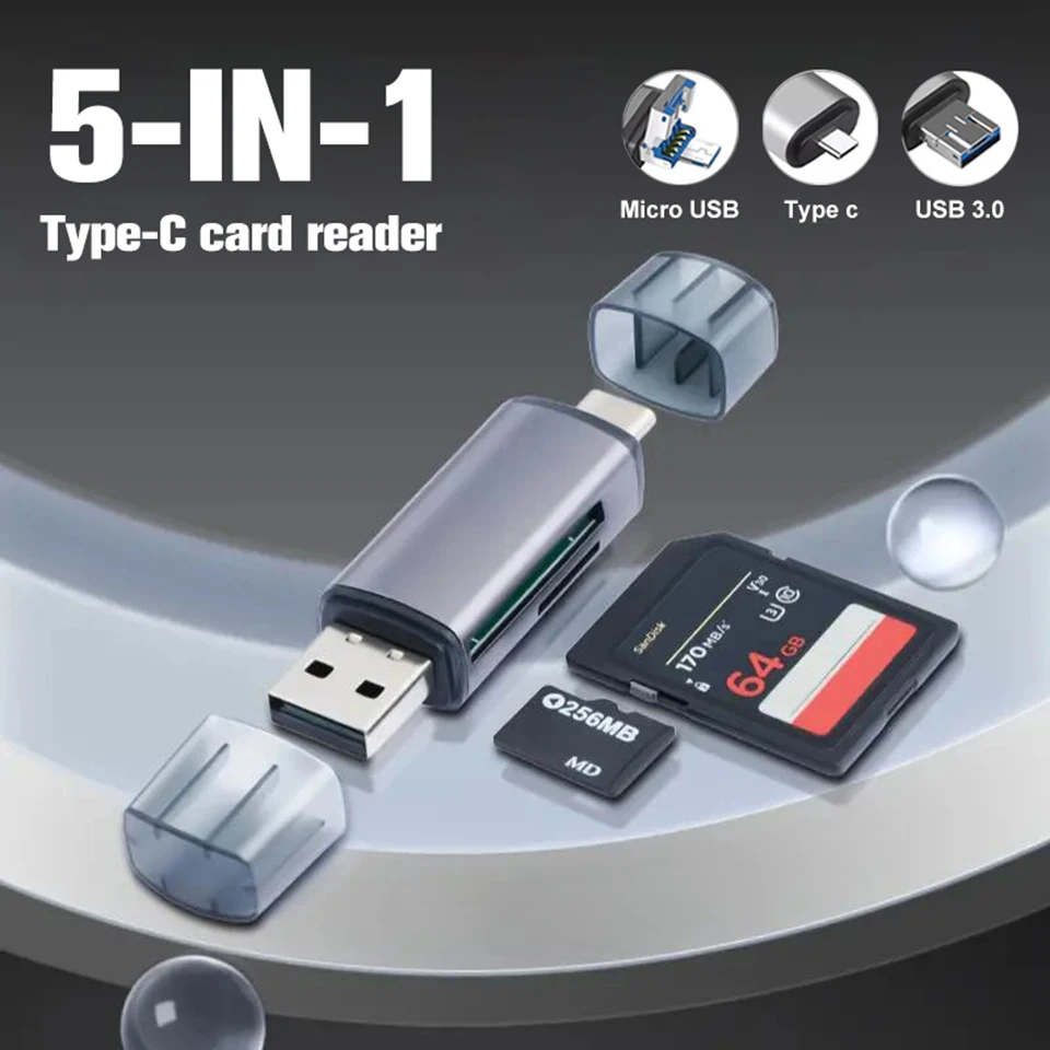OTG Dual SD/TF Card Reader - USB 3.0 Type-C/Micro 5Gbps Aluminum Alloy, Plug & Play for IPhone/Huawei/Xiaomi/for Samsung/PC