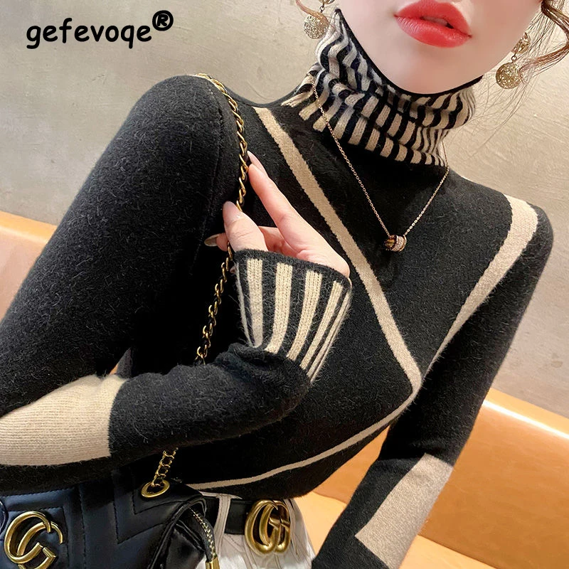 

Women's Clothing 2023 Winter Korean Fashion Turtleneck Elegant Knitted Sweater Female Patchwork Long Sleeve Slim Basic Pullovers