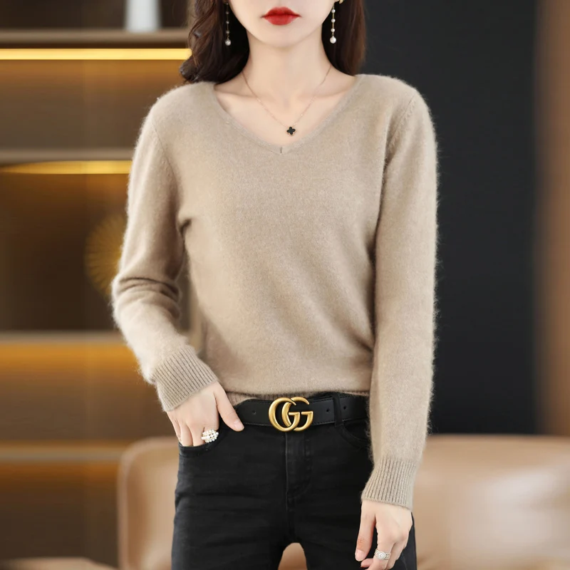 2024 Autumn Winter New Mink Cashmere Sweater Women\'s V-Neck Knitted Base SweaterPpullover Long Sleeved Warm And Simple Top Loose