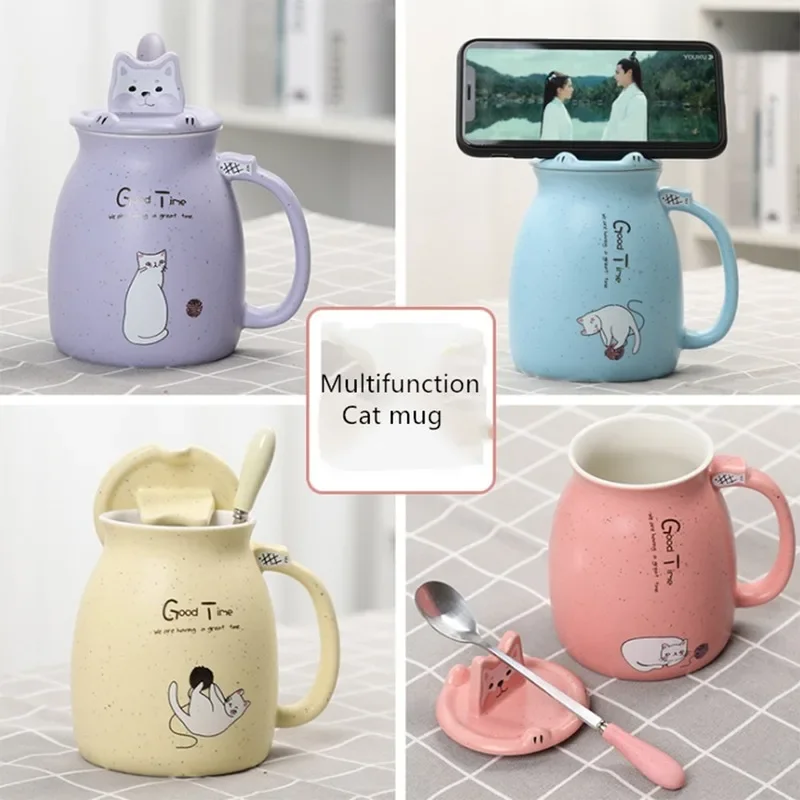 500ml Cartoon Ceramics Cat Mug with Lid and Spoon Handle Cute Cat Mug Coffee Milk Tea Mugs Breakfast Cup Drinkware Novelty Gifts