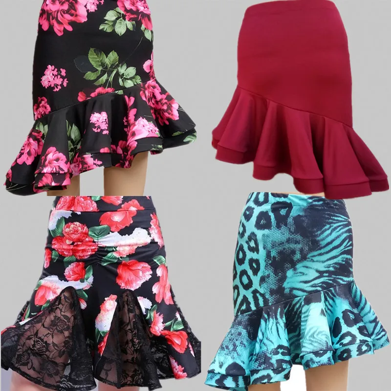 New Fashion Women Mini Skirt Black Red Flare Dance Skirts Latin Square Ballroom Solid Color 2025 Large Hem Spandex