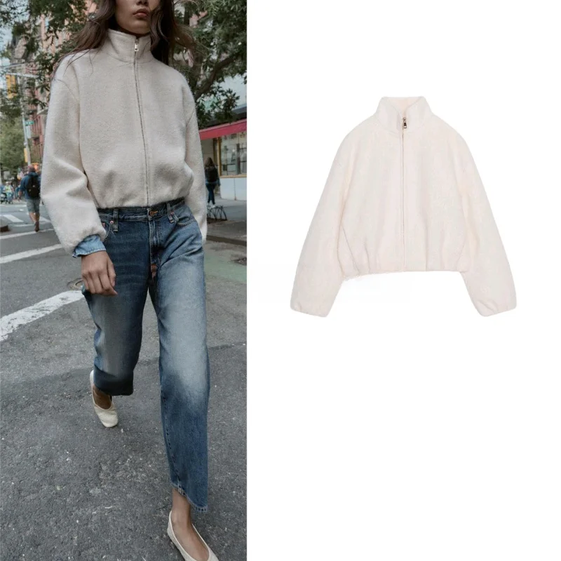 

Fall New Arrival Women's Jaet Outerwear Pearl Woolen Fabric Long Sve Stand Collar Zipper Embellied Elastic Layer 638258