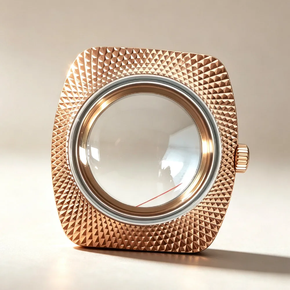 36.5mm Rose Gold Compact Watch Case for NH35 Nh36 NH38 Transparent Back Double Domed Acrylic 5ATM 19mm Lug Watch Case