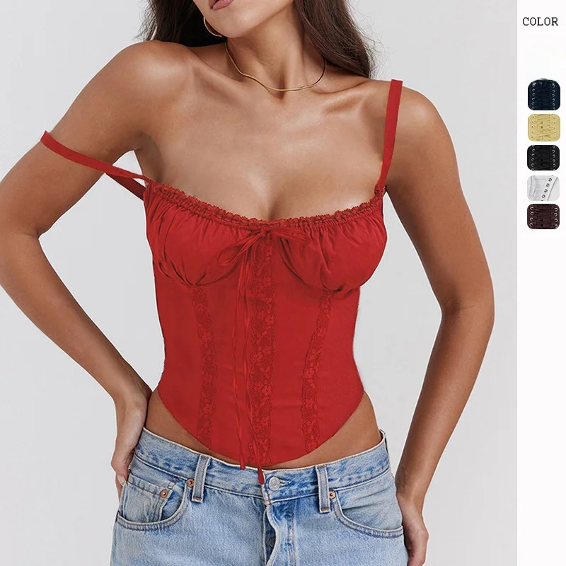 Summer 2024 Lace Patchwork Belted Strap Top Sexy Girl Tank Top Women's Fashion Short Length  Color Triacetate Fiber