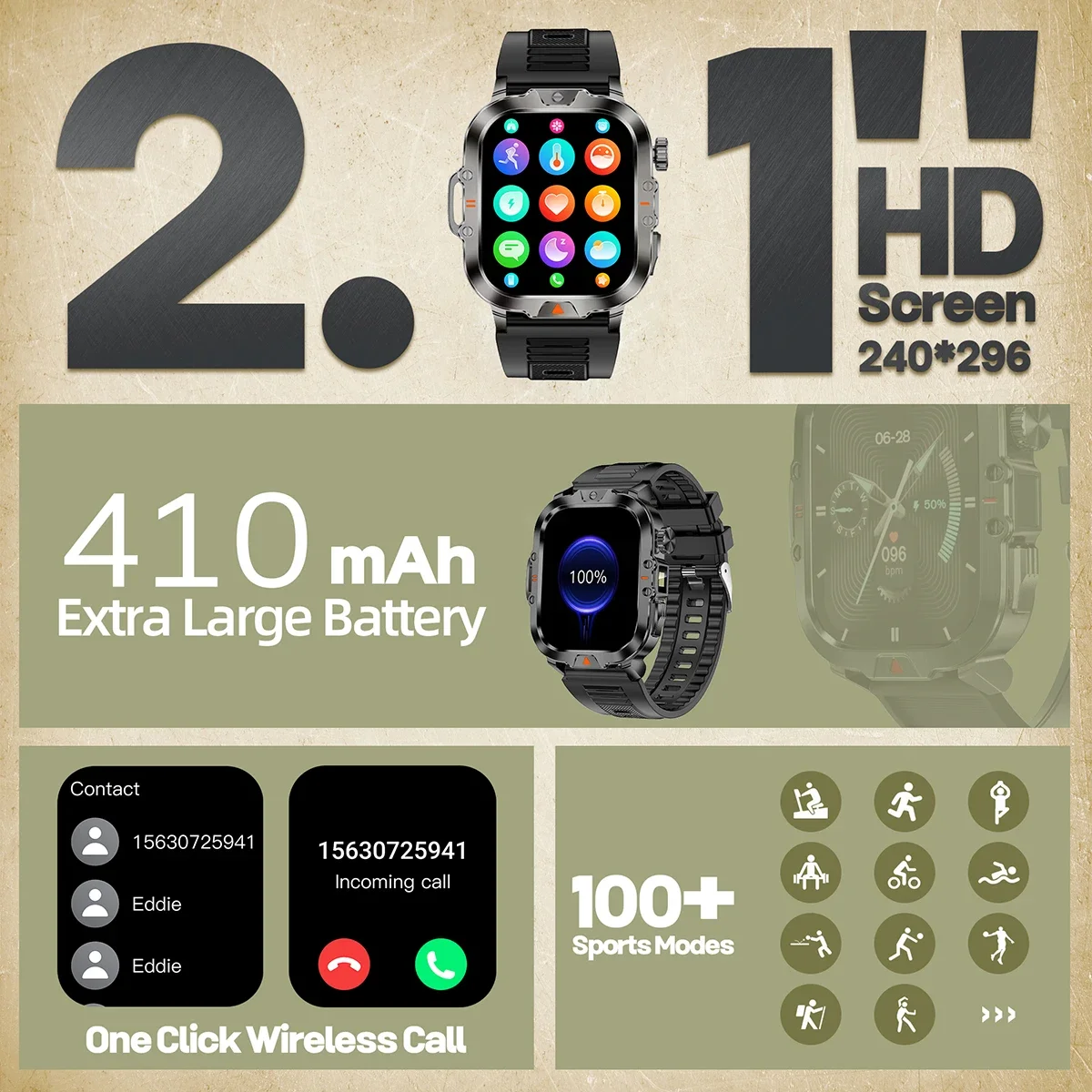 BluetoothCall Smart Watch for Men LED Flashlight 2.01 Inch HD Screen 410mAh Battery Heart Rate Monitoring Sports Fitness Tracker