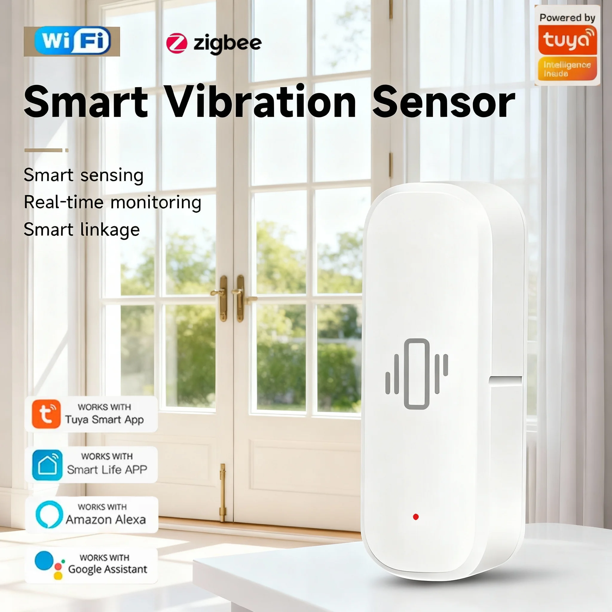 WiFi/Zigbee Smart Vibration Sensor Tuya Smart Life APP Integration Real-Time Motion Shock Alarm History Record for Home Security