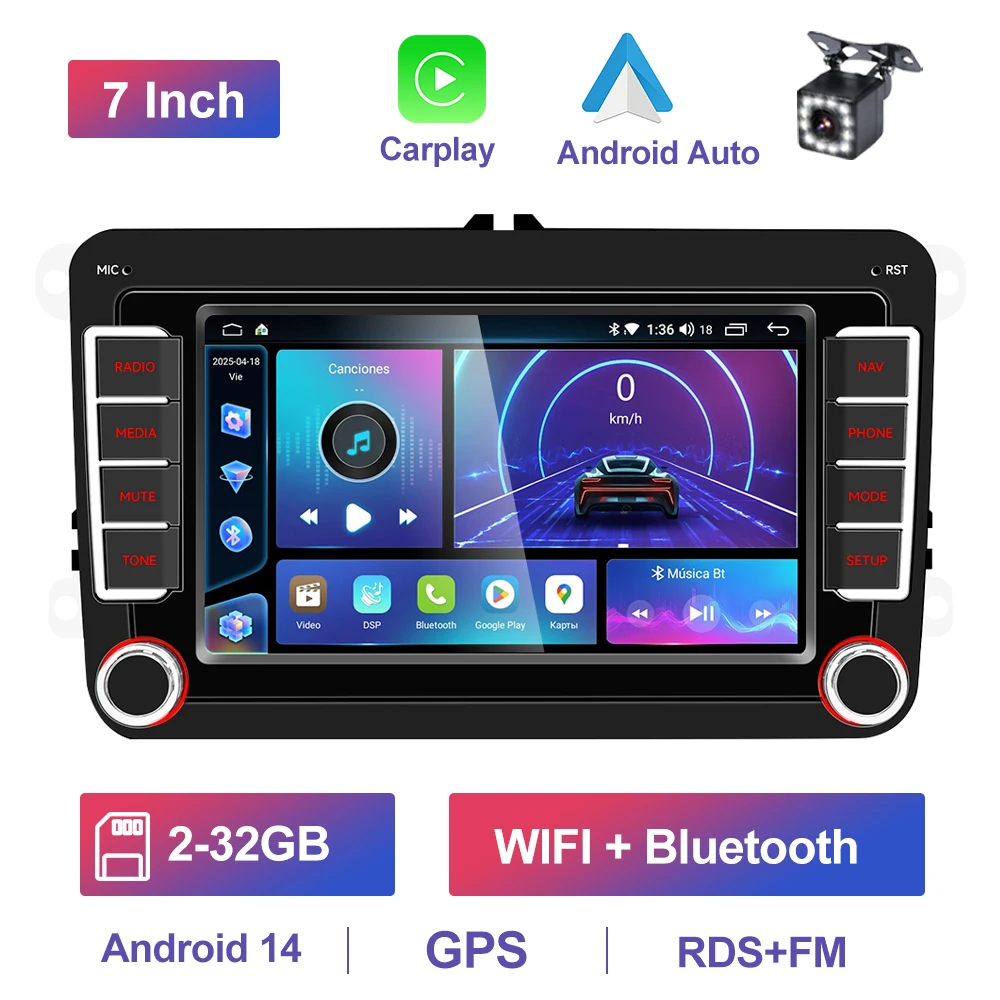 GEARELEC Android 14 Autoradio 2 DIN Carplay Voor VW Volkswagen Skoda Octavia Golf 5 6 Touran Passat B6 Polo Jetta 2Din Multimedia Speler Android Auto Stereo