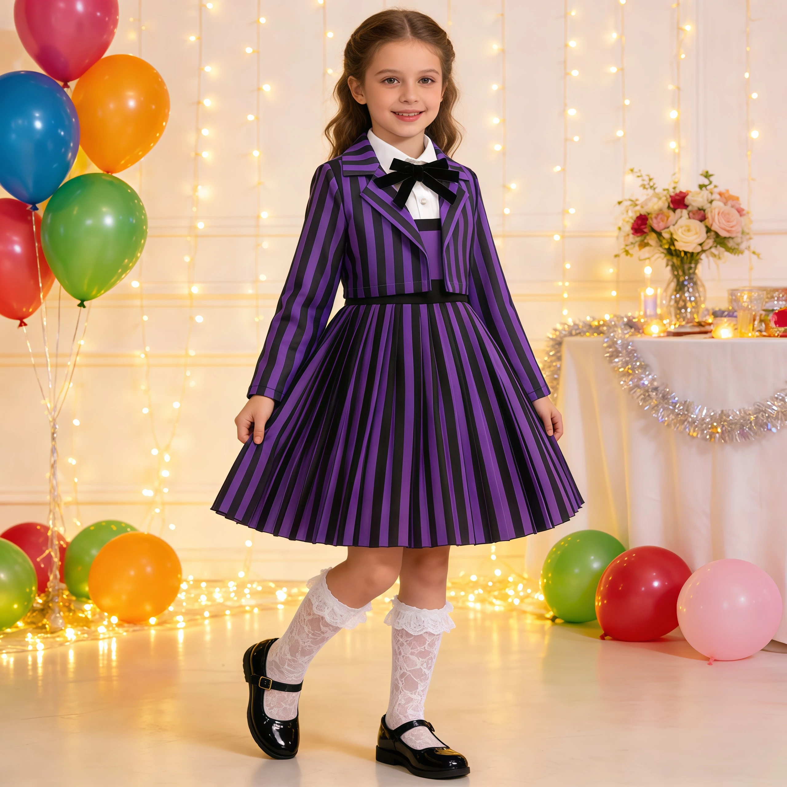 Girls Purple Striped Bow Tie Academy Uniform School Dress For Kids Halloween Enid Cosplay Costume Carnival Party Deluxe Outfit