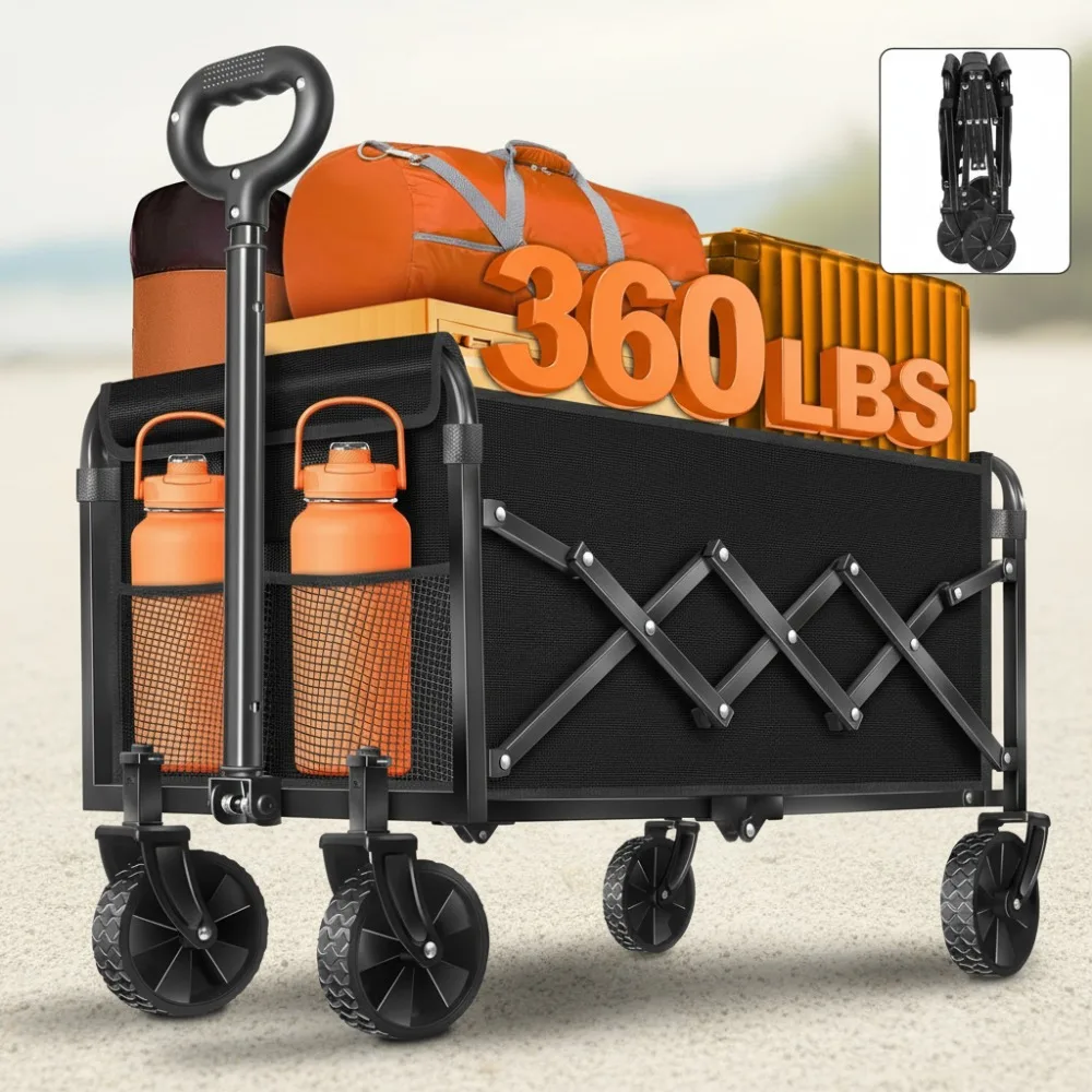 

Foldable Wagon Cart 360lbs Capacity Lightweight Collapsible with Drink Holders for Camping Travel Picnic Shopping