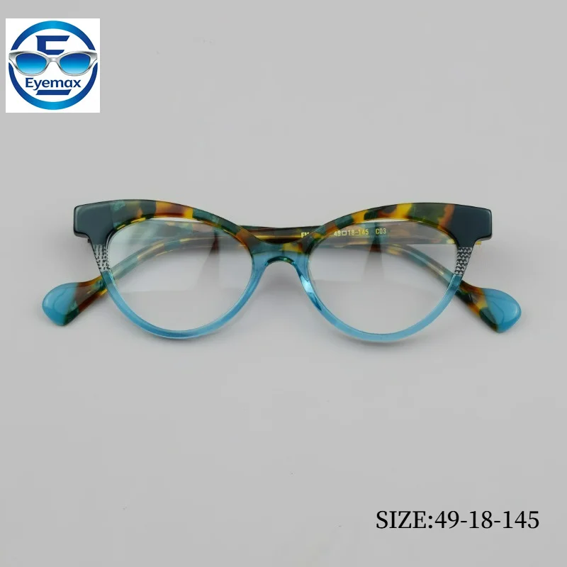 Vintage Cat Eye Eyeglass Frame 49-18-145 Color Block Tortoise Blue Acetate Optical Women Prescription Myopia Fashion Eyewear