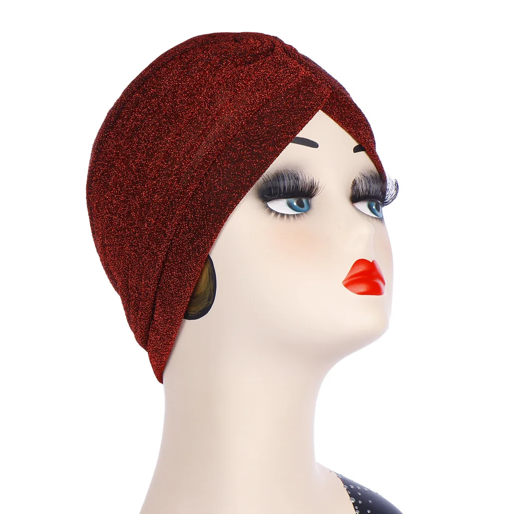 Soft Pleated Turban Women Glitter Head Wrap Muslim Hijab Indian Style Bonnet Hair Loss Beanie Fashion Headscarf Turbante Mujer