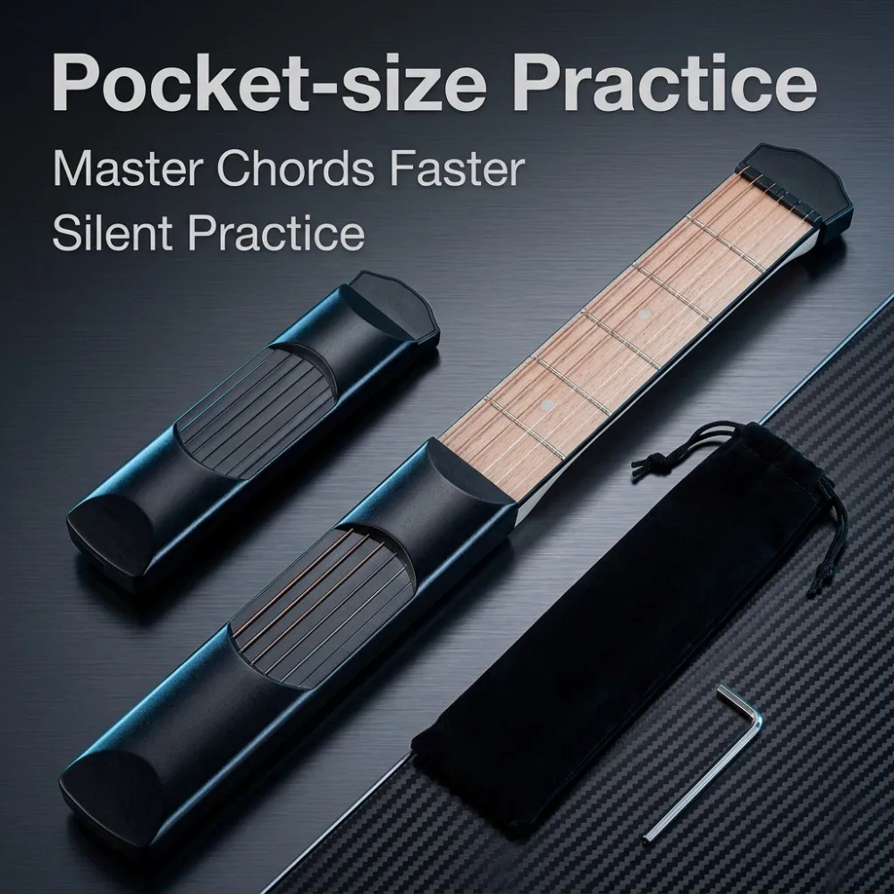 Model 6 Portable Pocket Guitar Straw, Neck Chord Trainer, Wooden Sapele, Practice Tool for Trainer, Beginner, Black