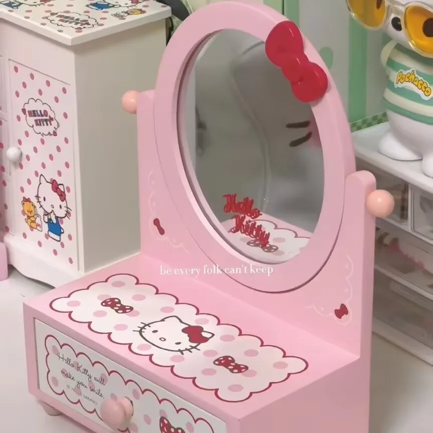 Sanrio Hello Kitty Makeup Mirror Desktop Storage Accessories Case Children's Bedroom Desk Mirror Jewelry Box Women's Desk Decor