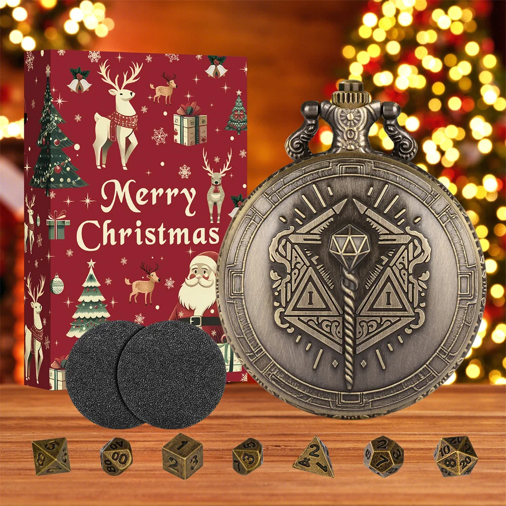 Retro Full Hunter Wizard Wand Bronze/Grey Black Pocket Watch Case Chain Pendant Christmas Gift Set with 7pcs Polygon Game Dices