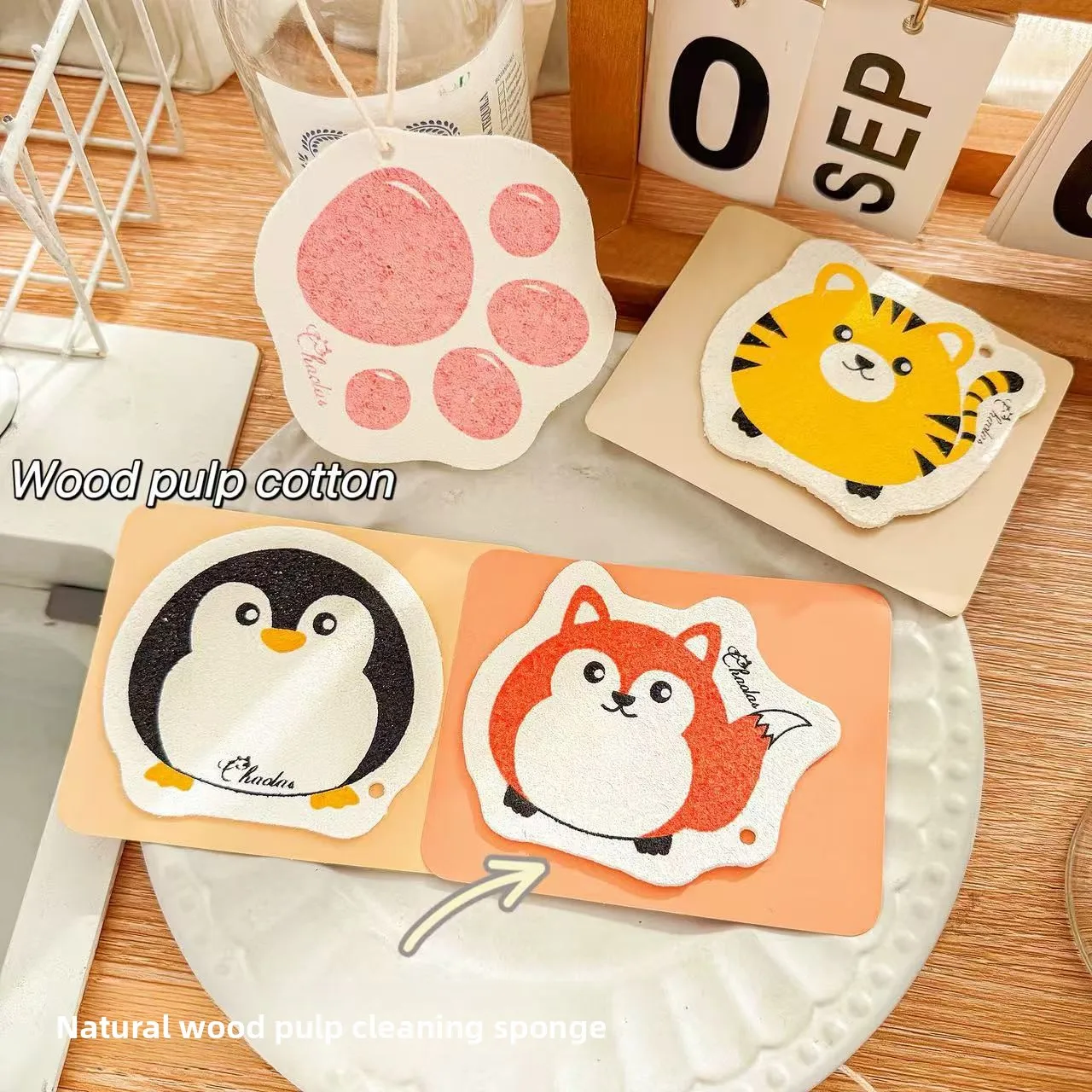 Cartoon Print Thickened Wood Pulp Sponge Dishwashing Scrub Kitchen Cleaning Water-Absorbing Brush for Dishes and Chopsticks