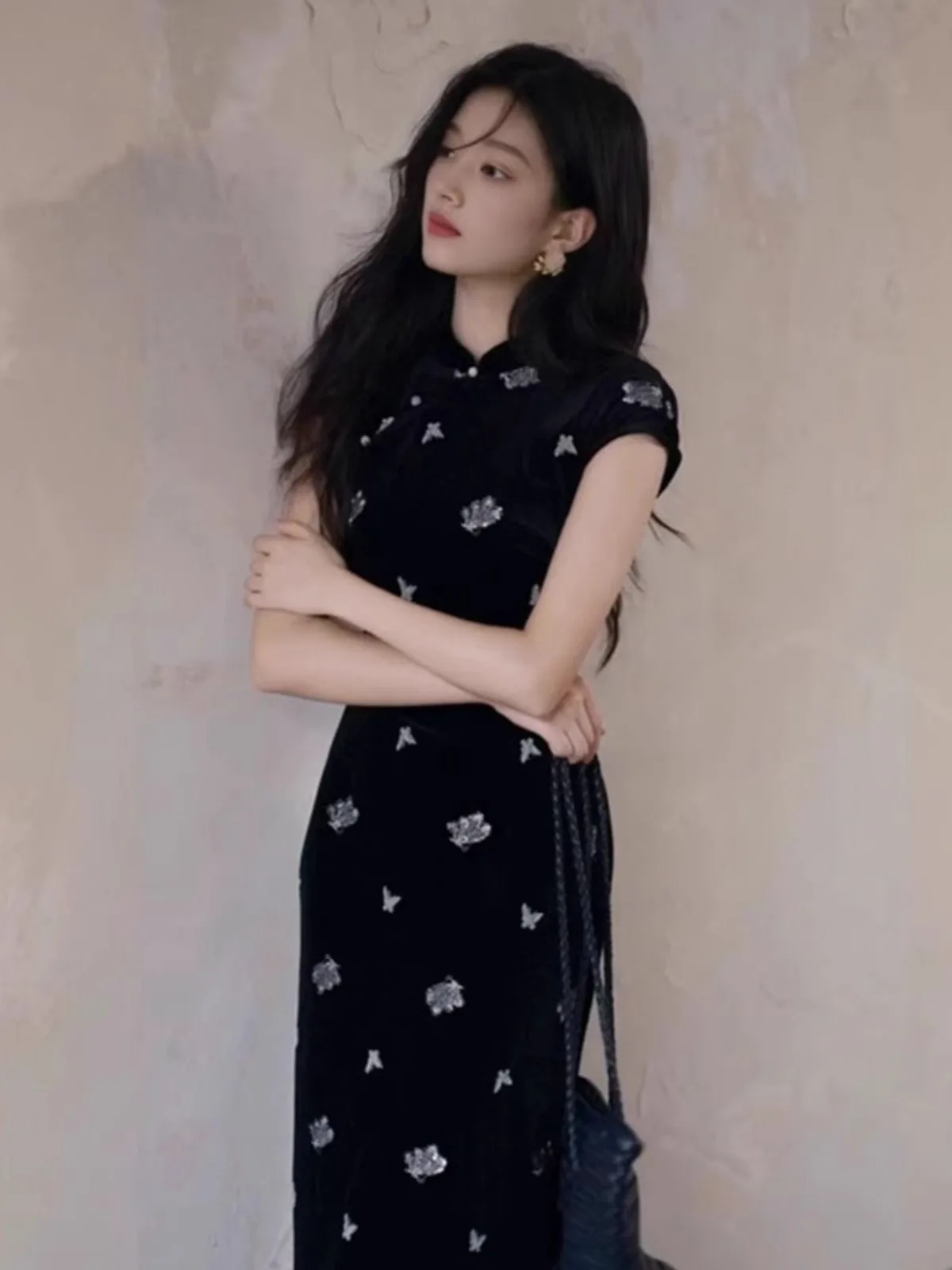 Ele Young Women's Bla Embroidered Summer Dr Vintage Chinese Sle Long Qipao round Collar Breathable Fabric