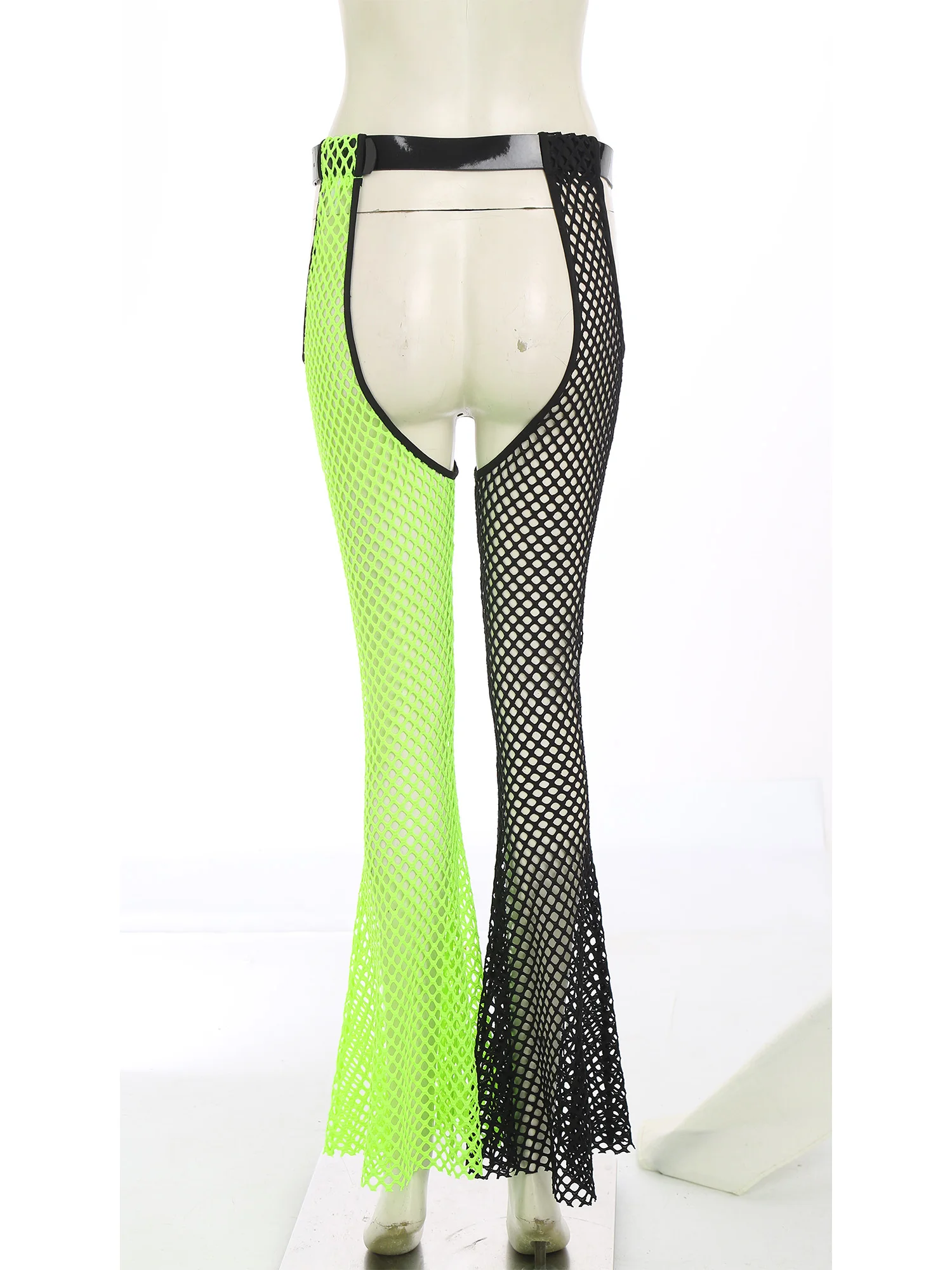 Womens Sexy See Through Fishnet Mesh Chaps Flare Pants Hollow Out Crotch Cover Up Trousers with Waist Belt Rave Party Clubwear