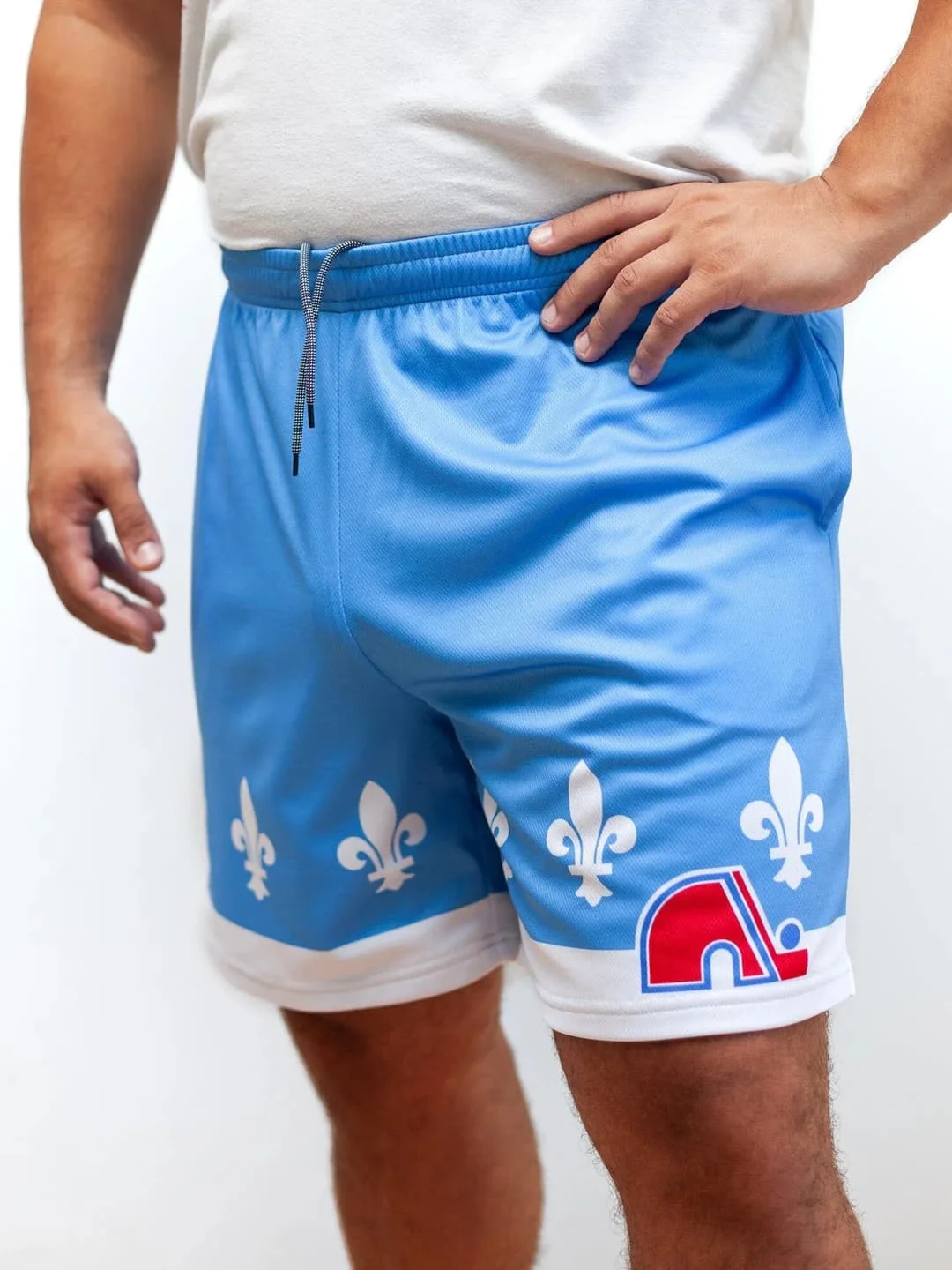 Retro Quebec Nordiques Logo Ice Hockey Shorts Men Light Blue White Fleur De Lis Pattern Breathable  Training Fan