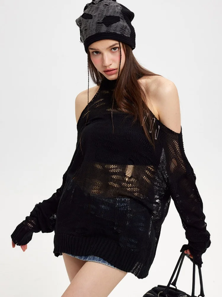 ADAgirl Y2k Spider Web Knitwear Hollow Out Sweaters Goth Mesh Hole Halter Collar Top Grunge E-Girl Pullover Streetwear Clothes