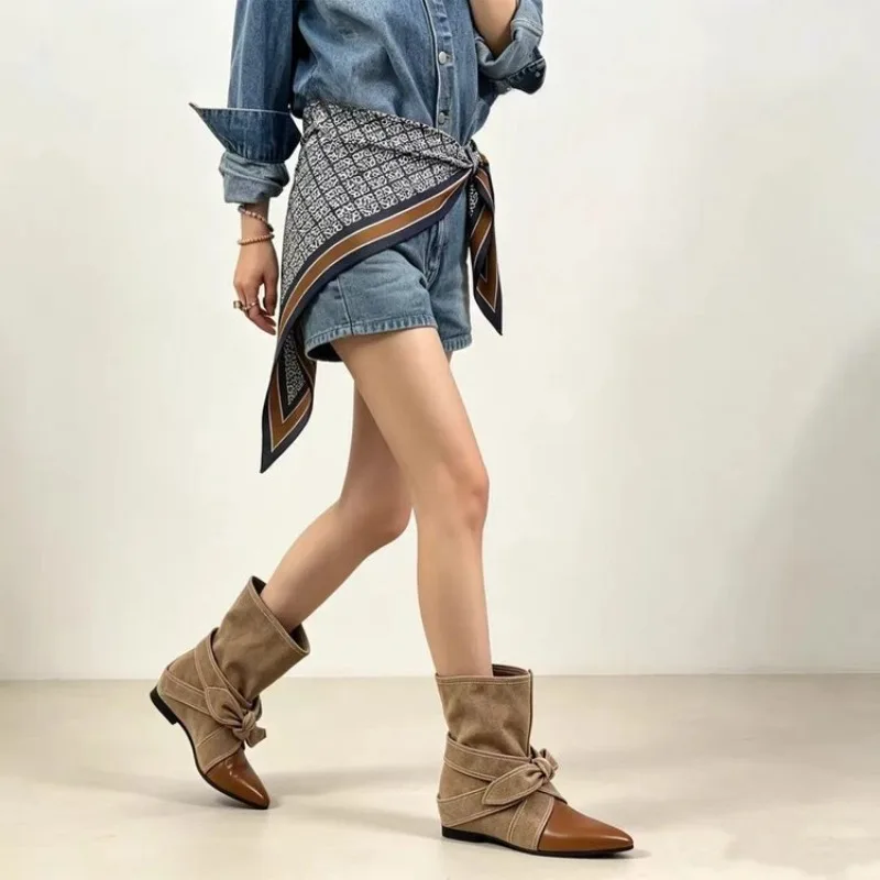 Women's Flat Ankle Boots Pointed Toe Suede-Look Smooth Patchwork Wrap Around Bow Slip-On Everyday Short Booties Ladies Footwear