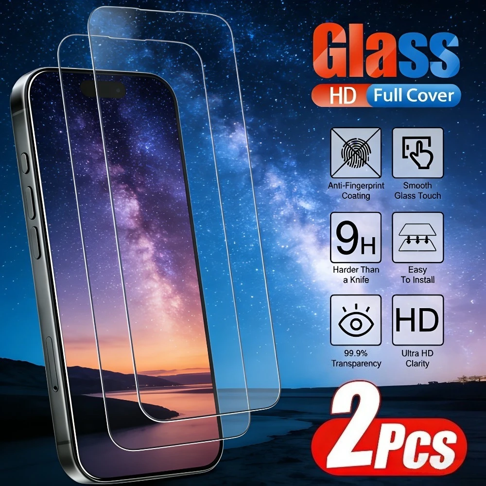 

2 шт. ультрапрозрачных защитных стекол для iPhone 17, 16, 15, 14 Pro Max, 15, 14 Plus, Air, 17e, 16e, 13, 12, 11 Pro, закаленное стекло с твердостью 9H