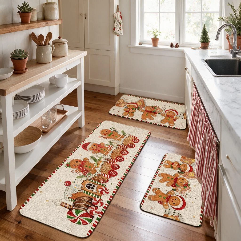 Festive Christmas Kitchen Runner Mat Long Flannel Plush Rug Non Slip Soft Absorbent Floor Carpet for Kitchen Hallway Bathroom