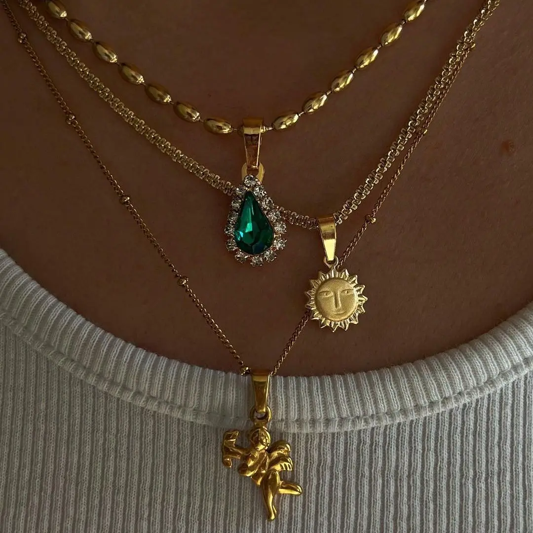 INS 18k Gold-plated Stainless Steel Cross Cupid Necklace For Women Vintage Sun Pendant Necklaces Chain Fashion Jewelry Gift