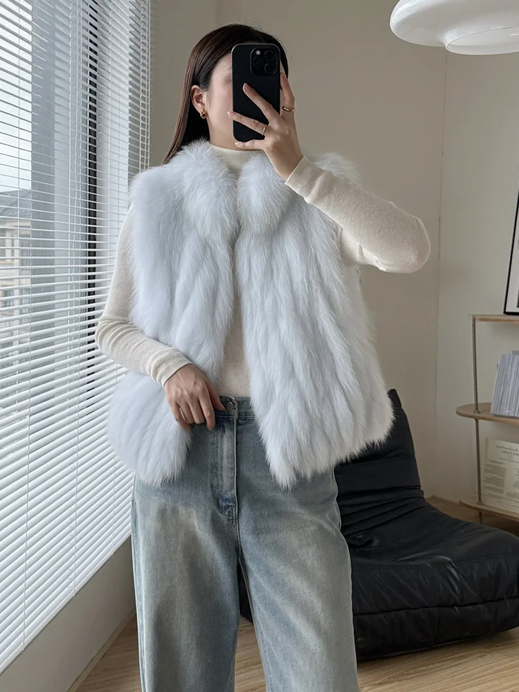 2023 neue frauen Flauschigen Echten Fuchs Pelz Ärmellose Weste Natürliche Pelz Stirp Genäht Toghter Weste Luxus Oberbekleidung Jacken