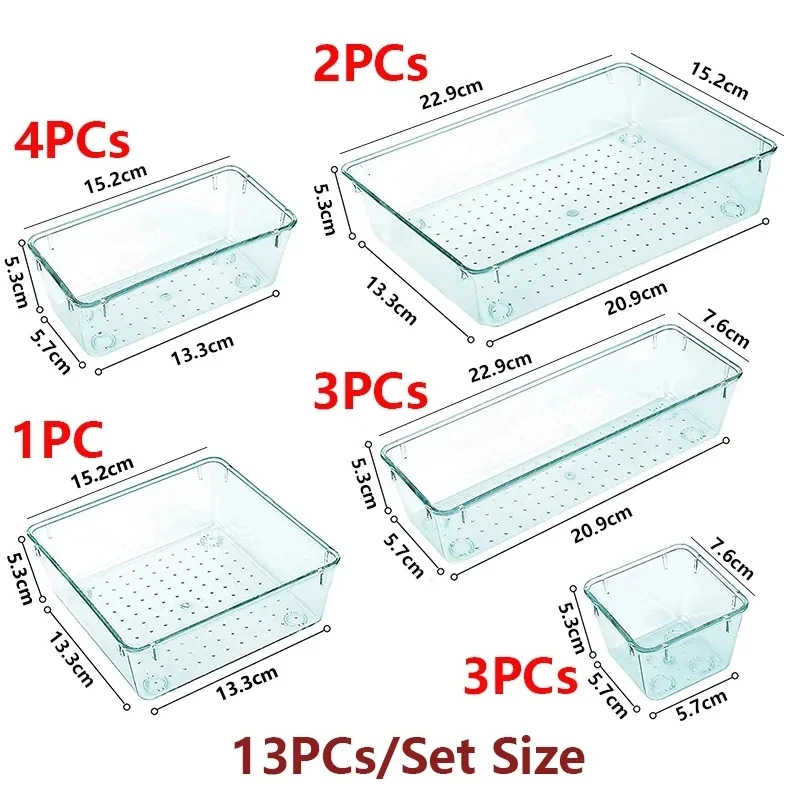 Juego de organizadores de plástico para cajón de escritorio, organizador de maquillaje, transparente, contenedor, utensilios de cocina, 13/25 piezas