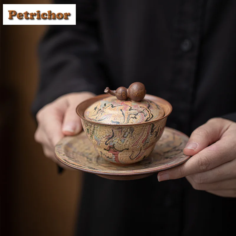 

Dunhuang Oil Painting Gourd Horseshoe Gaiwan Luxury Tea Tureen Tea Bowl With Lid Kit Tea Brewing Cover Bowl Tableware Collection
