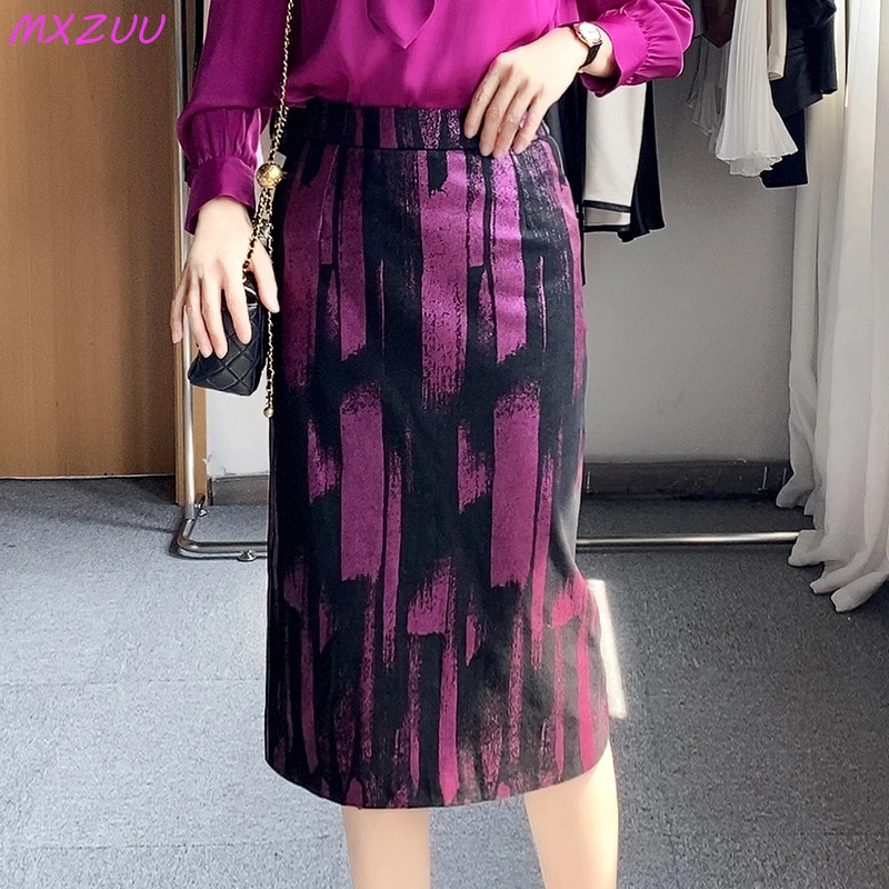  Genuine Leather Skirts Woman Fashion Elegant High Waist Back Split Maxi Falda Mujer Sheepskin Printing Wrap Hip Slim Midi Saias