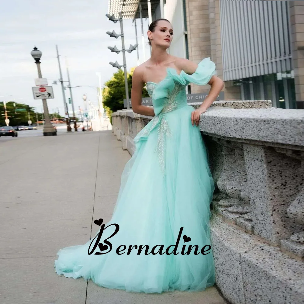 

Bernadine Celebrity Dresses Charming One Shoulder Evening Gowns For Women Tulle A Line Ruffles Sweep Train Robes De Soirée