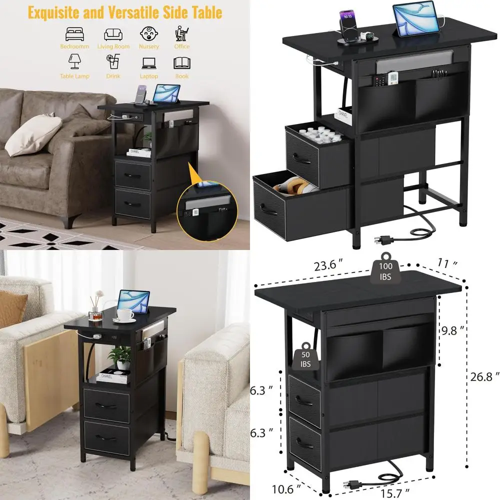 

Compact Charging Nightstand with Storage and USB/Power Outlets for Bedrooms and Living Spaces