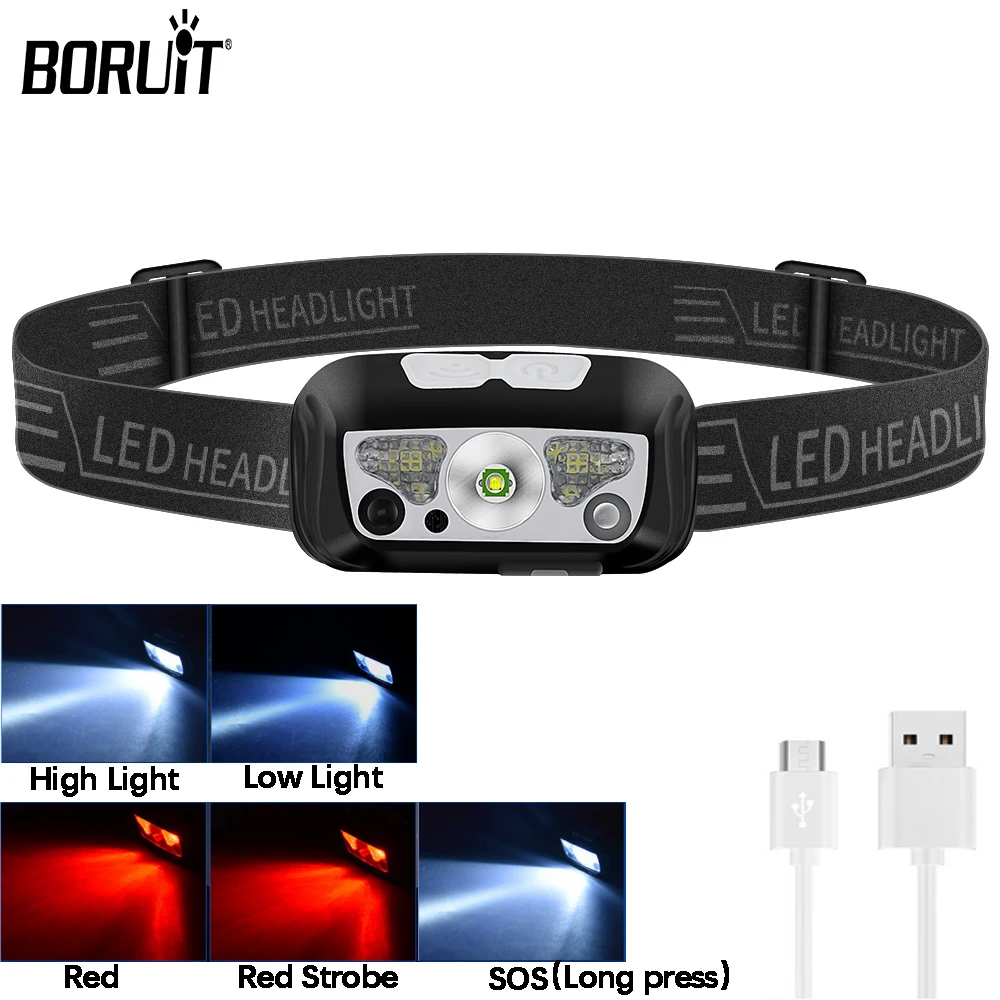 BORUiT B12 Mini LED Headlamp Motion Sensor Headlight USB Rechargeable Head Flashlight Waterproof Work Fishing Camping Head Torch