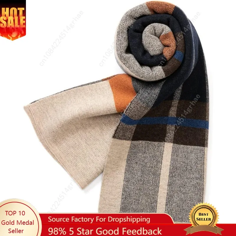 

Villand Australian Merino Wool Tartan Knitted Scarf for Men, Plaid Winter Warm Thick Soft Neckwear with Gift Box