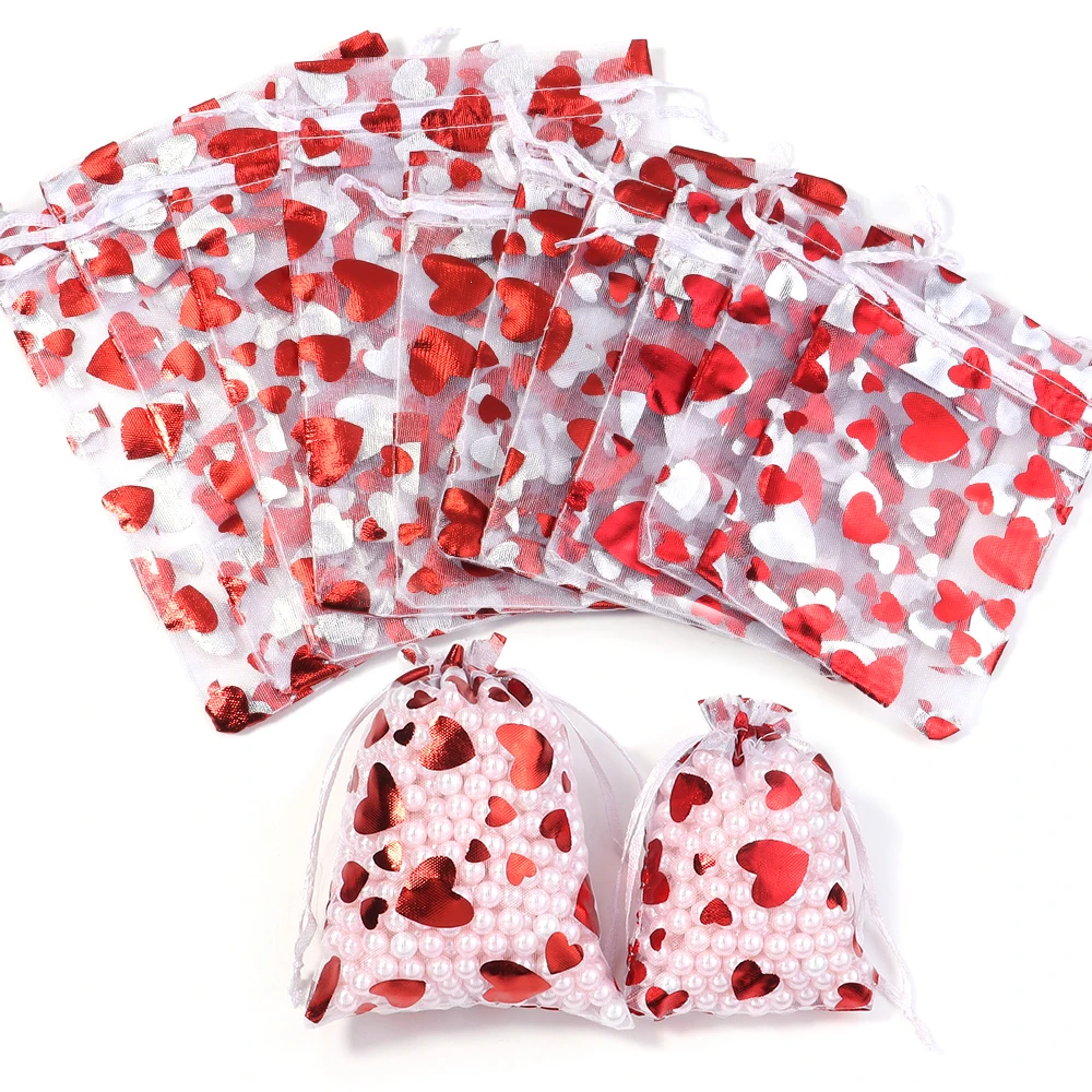 

10/100PCS Valentines Day Organza Bags Drawstring Organza Jewelry Pouches Bulk Wedding Party Favor Gift Mini Candy Mesh for Party