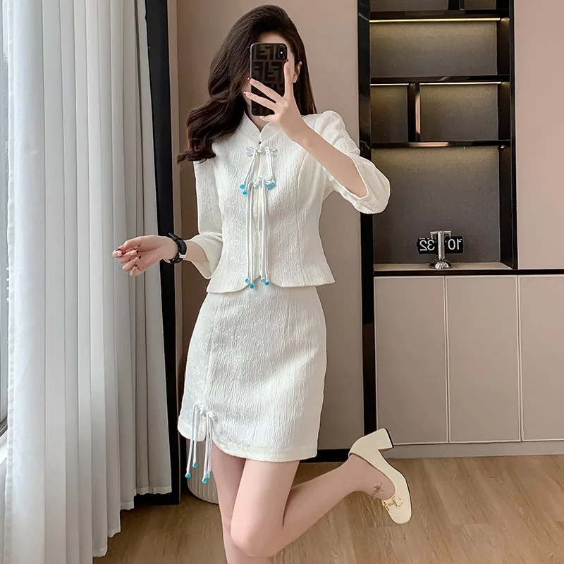 Insozkdg 2024 New Chinese Style Two-Piece Set Skirt Women Spring Autumn Outfit Whole Set Popular Chic Style Outfit High Quality