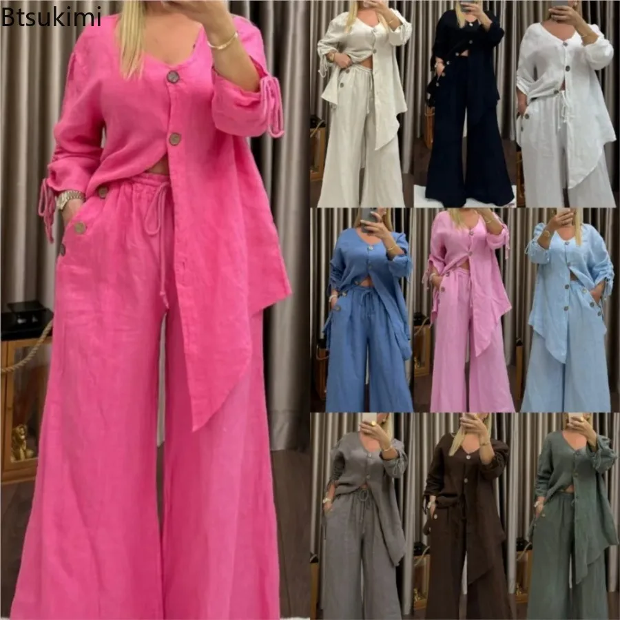 

Fashion Cotton Linen Irregular Button Shirt Sets Women's Casual Loose Retro V Neck Cardigan and Wide-leg Long Pants 2 Piece Sets
