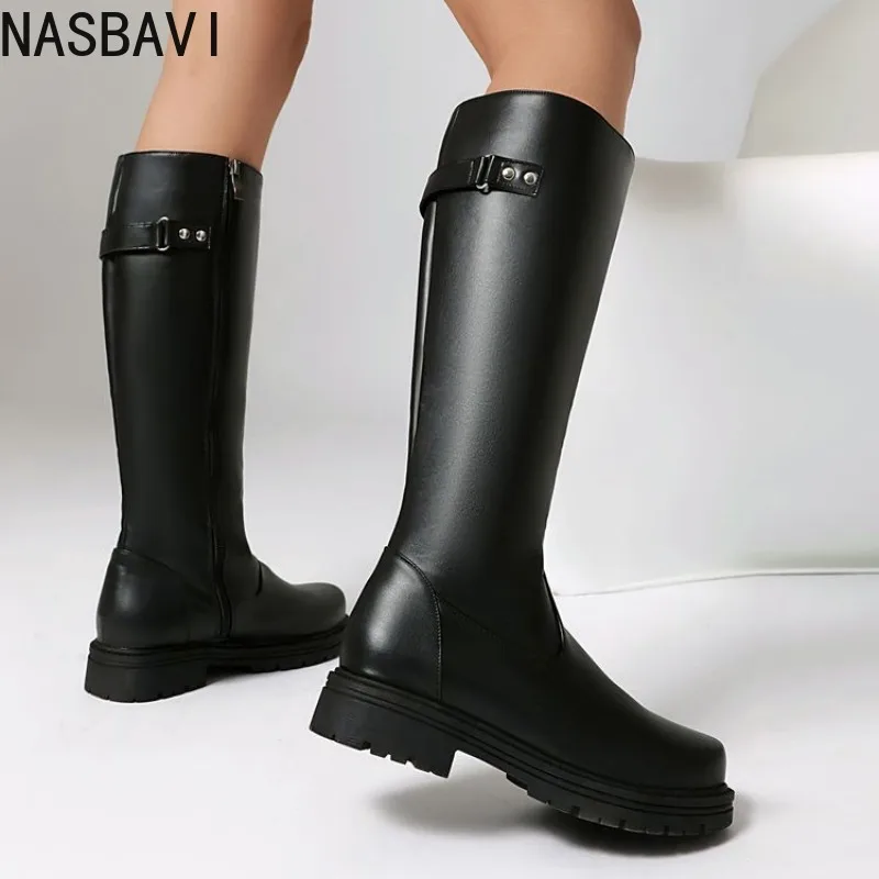 

2026 Autumn/Winter Retro Black Thick Soled Long Boots with Side Zipper Flat Shoes for Women's Fashion Boots
