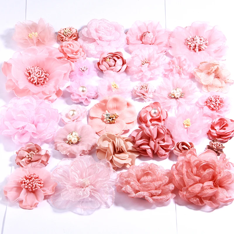 10Pcs Pink Series Rose Fabric Head Flowers For Baby Girls Headbands Decoration Burn Chiffon Flower For Hair Clips Accessories