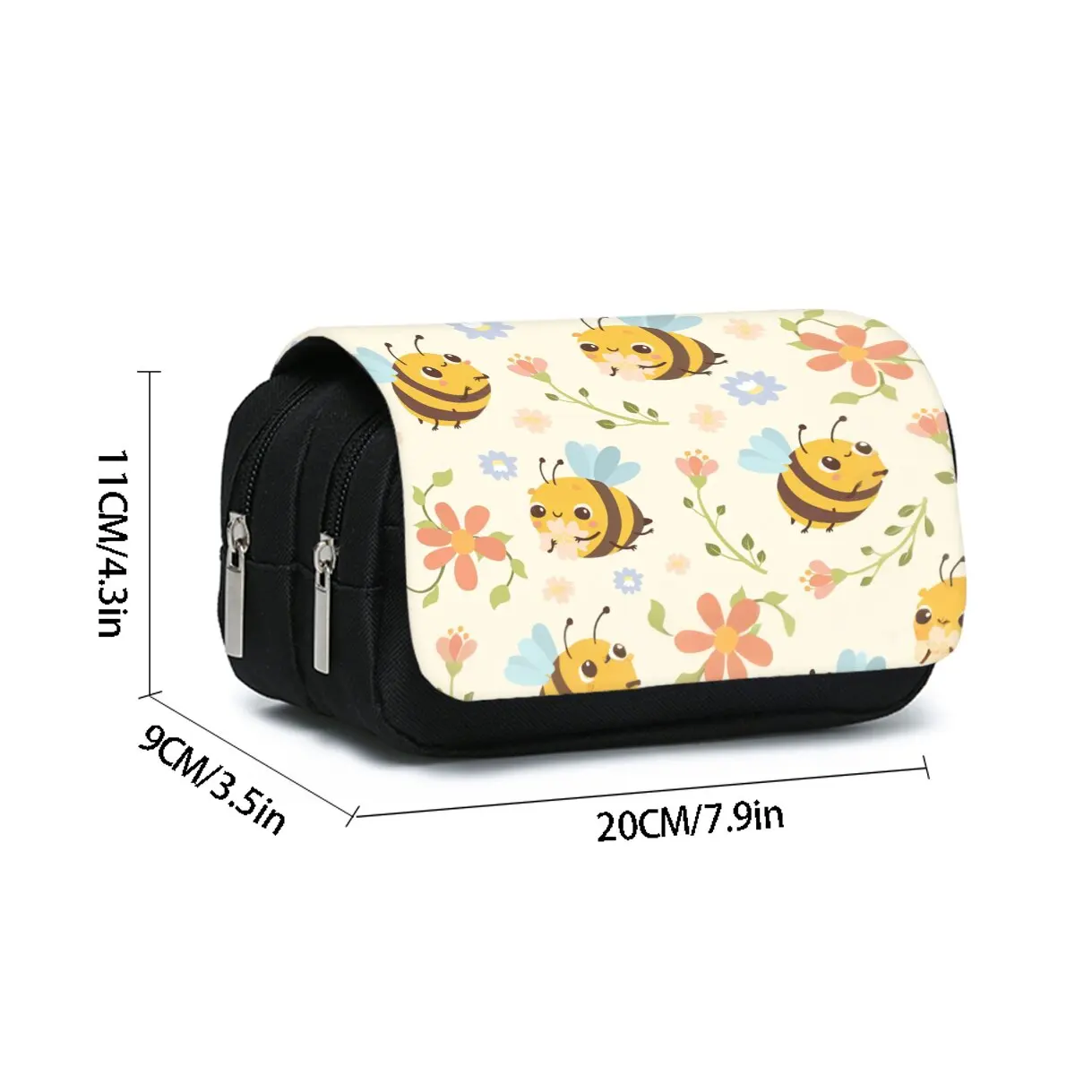 Cute Bee Pattern Double Flip Fabric Pen Case Boy/Girls Best Gift 2D Flat Pencil Pouch School Office Use Children