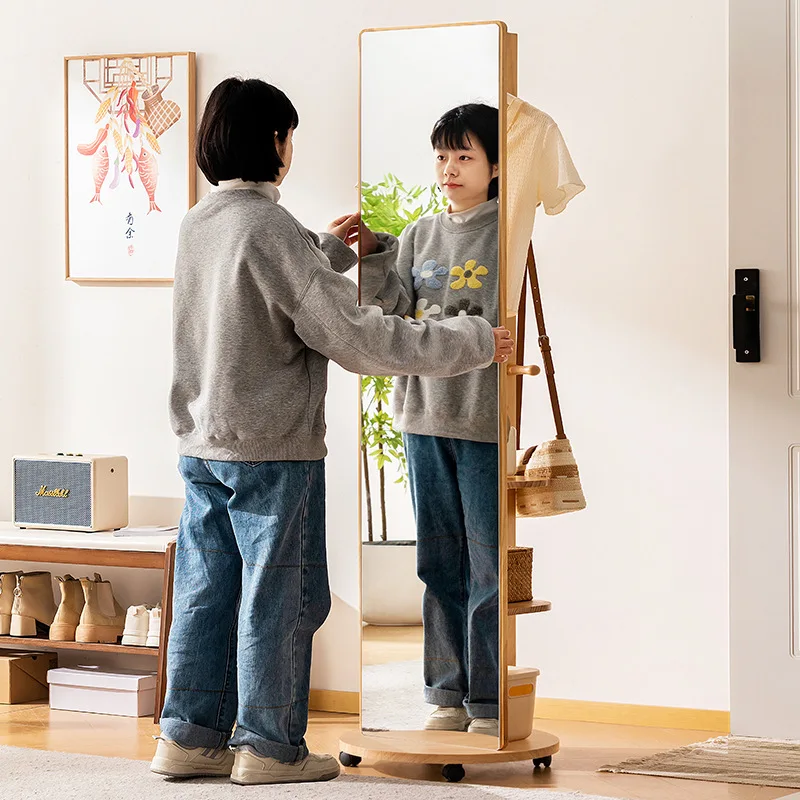 Solid wood rotating hanger floor-to-ceiling bedroom dressing mirror integrated home multi-functional fitting mirror coat rack st