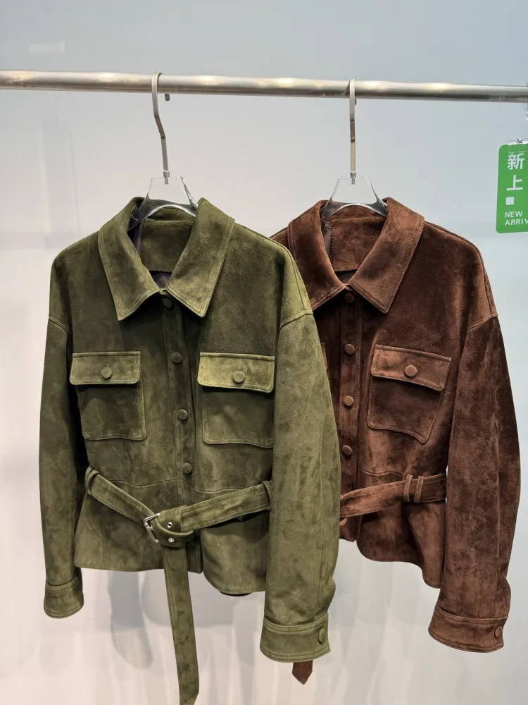 Suede Goatskin Vintage Cargo Jacket Women Single Breasted High Waist Sashes Streetwear Genuine Leather Motorcycle Short Coat