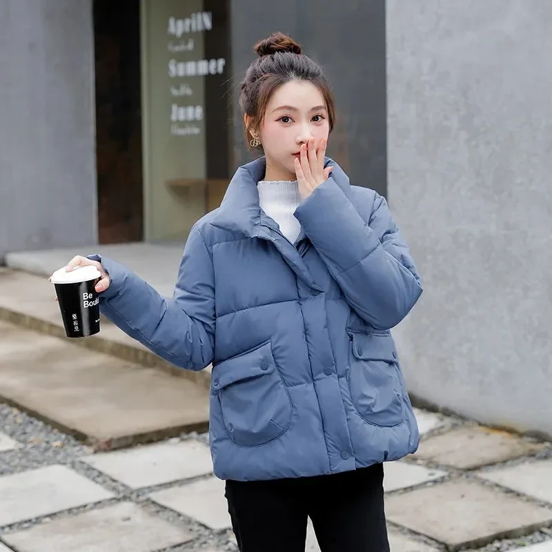 Casual Stand Collar Padded Parkas Winter Korean Crop Cotton Jackets Women Light Warm Coats Loose Single Breasted Thick Casaco