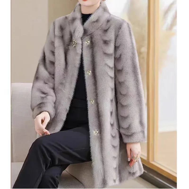 2025年冬新作 ファー一体型ミンクファーコート ファッション 中高年女性向け ミディアム丈 厚手フェイクファーコート レディースパーカー オーバーコート