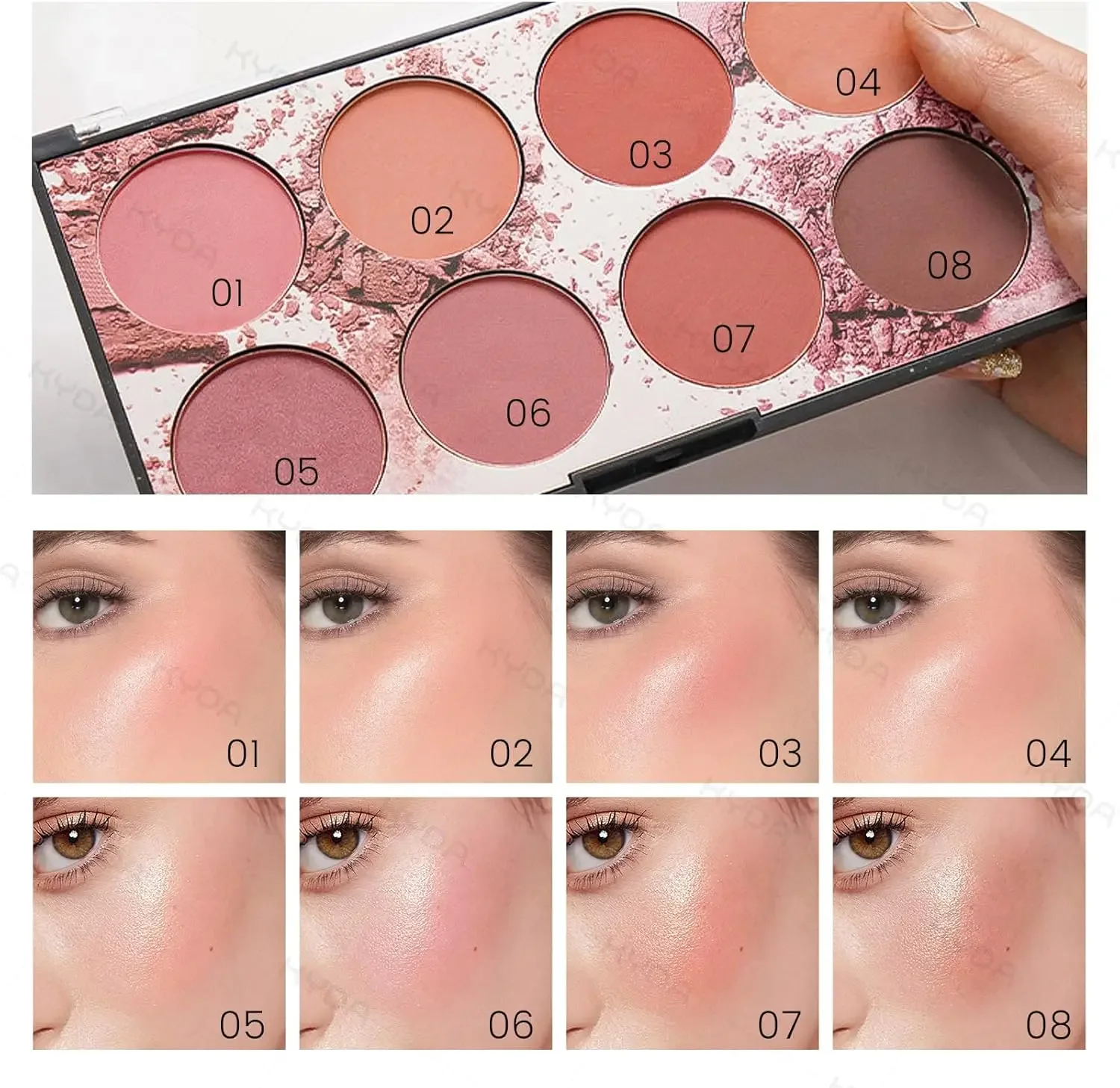 8가지 색상 페이스 블러셔 팔레트 부드럽고 블렌딩 가능한 파우더 컨투어 및 하이라이터가 포함된 다용도 블러셔 메이크업